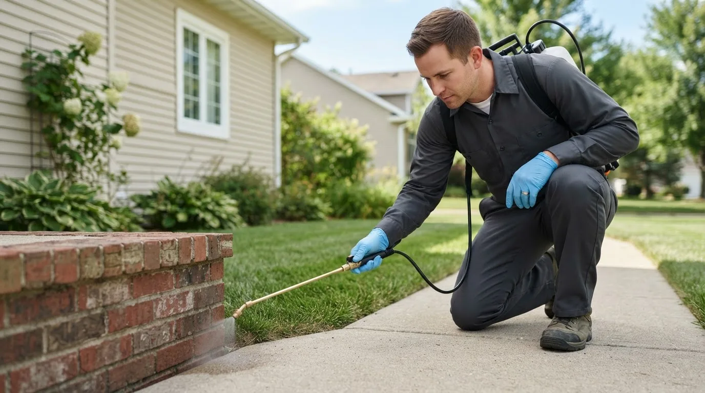 Pest control technician treating a home near Smith Center, KS